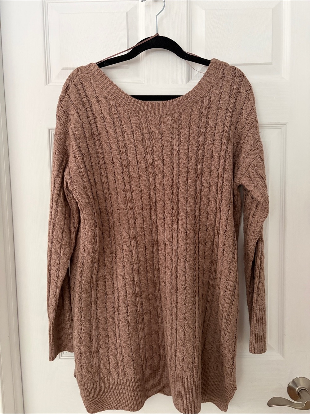 Women's Taupe Cable-Knit Scoop Neck Sweater